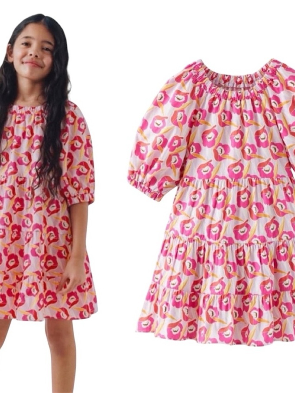 ZARA Girls Pink Floral Tiered Dress Size 13-14